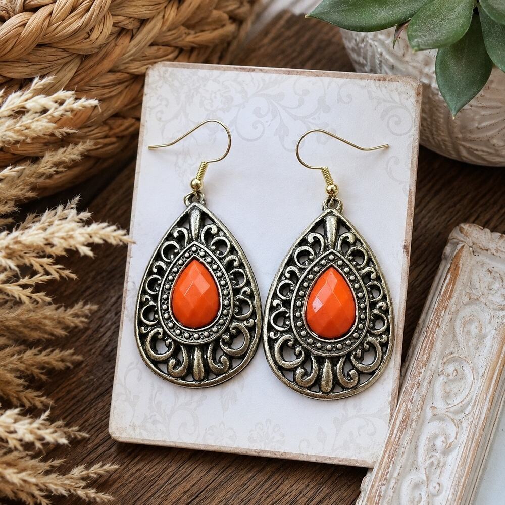 Boho Orange Teardrop Filigree Dangle Earrings Bronze Tone